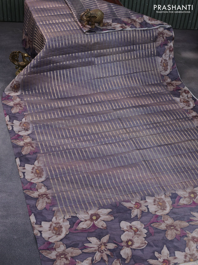 Semi tussar saree grey with allover zari woven veldhari design and floral printed border