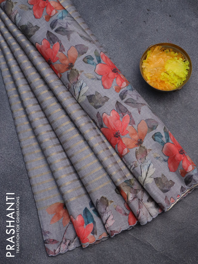 Semi tussar saree grey with allover zari woven veldhari design and floral printed border