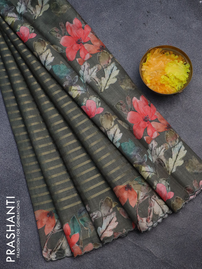 Semi tussar saree sap green with allover zari woven veldhari design and floral printed border