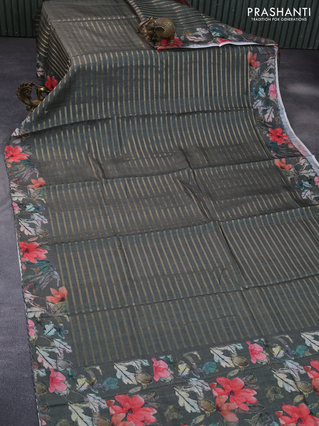 Semi tussar saree sap green with allover zari woven veldhari design and floral printed border