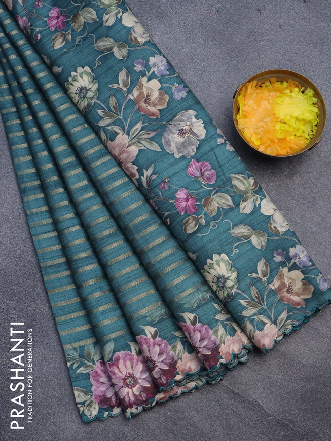 Semi tussar saree peacock green with allover zari woven veldhari design and floral printed border