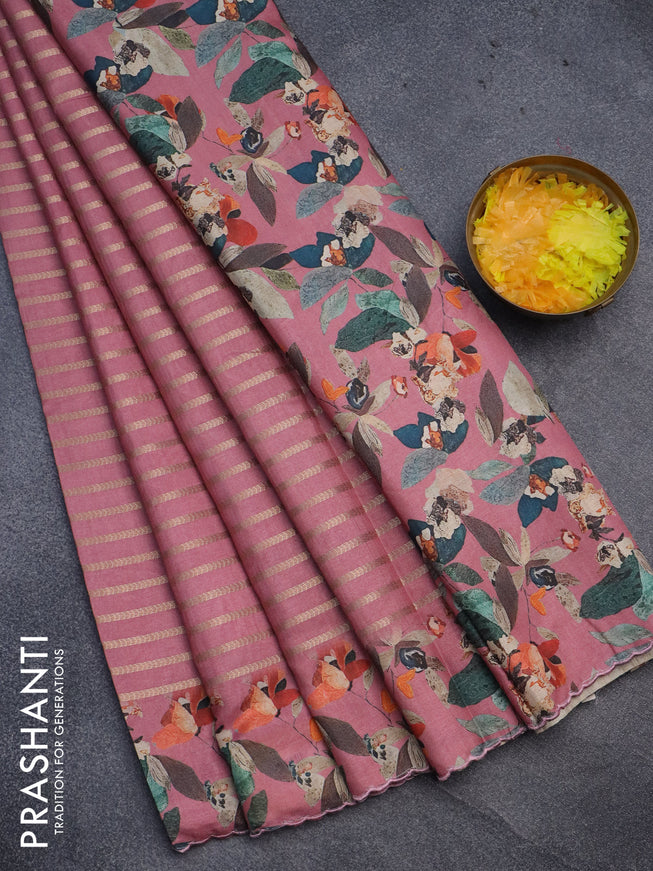 Semi tussar saree pink shade with allover zari woven veldhari design and floral printed border