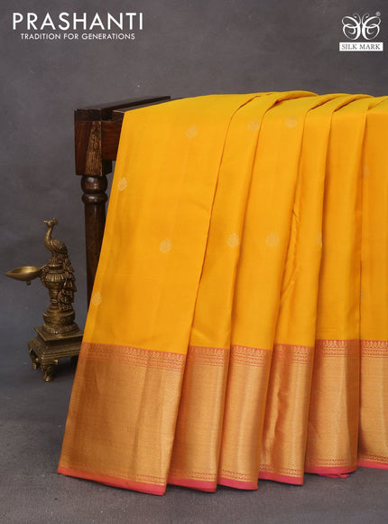 Pure kanchipuram silk saree yellow and pink with zari woven buttas and zari woven border