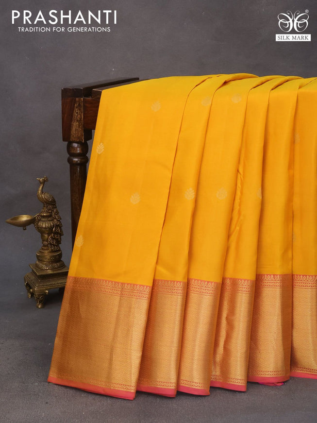 Pure kanchipuram silk saree yellow and pink with zari woven buttas and zari woven border