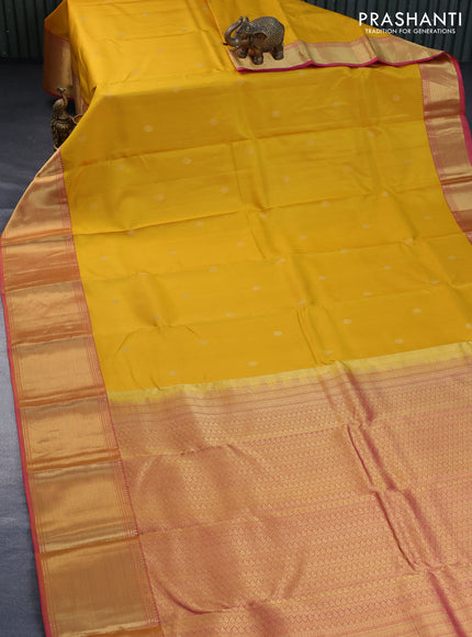 Pure kanchipuram silk saree yellow and pink with zari woven buttas and zari woven border