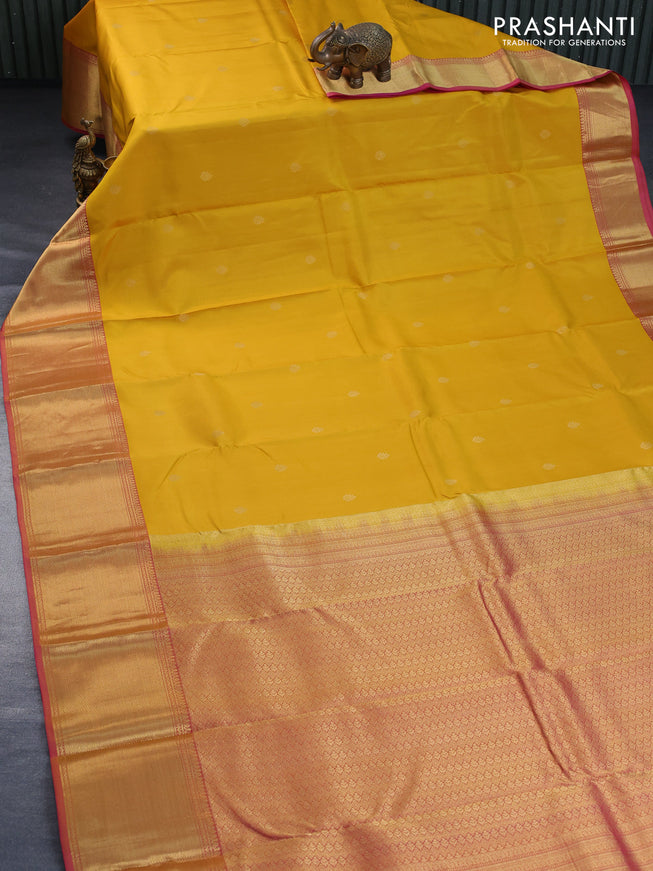 Pure kanchipuram silk saree yellow and pink with zari woven buttas and zari woven border