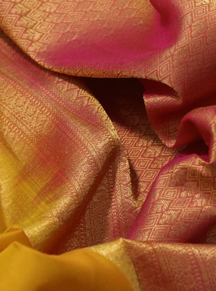 Pure kanchipuram silk saree yellow and pink with zari woven buttas and zari woven border