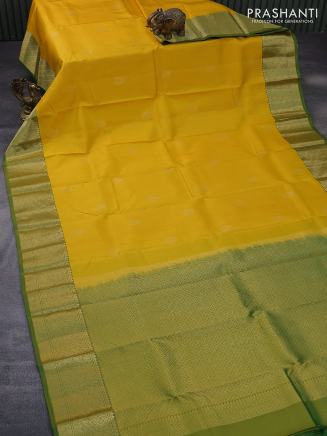 Pure kanchipuram silk saree yellow and green with zari woven buttas and zari woven border