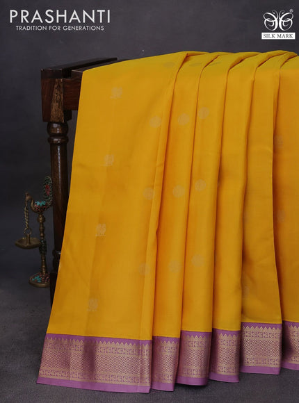 Pure kanchipuram silk saree yellow and mild purple with zari woven buttas and zari woven border