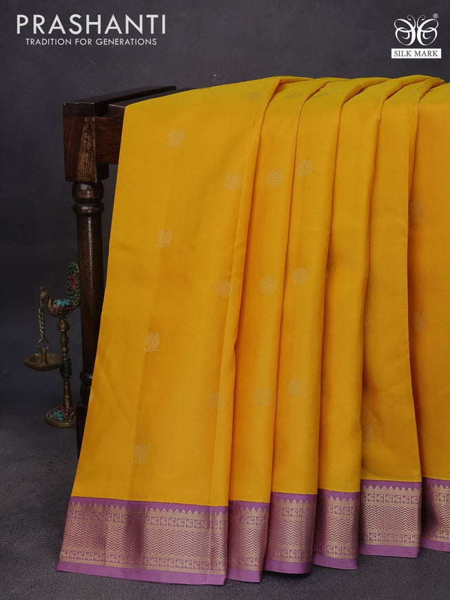 Pure kanchipuram silk saree yellow and mild purple with zari woven buttas and zari woven border