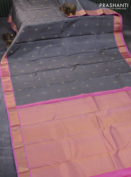 Pure kanchipuram silk saree grey and light pink with zari woven buttas and zari woven border