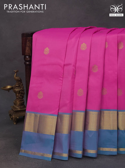 Pure kanchipuram silk saree pink and teal blue with zari woven buttas and rettapet zari woven border