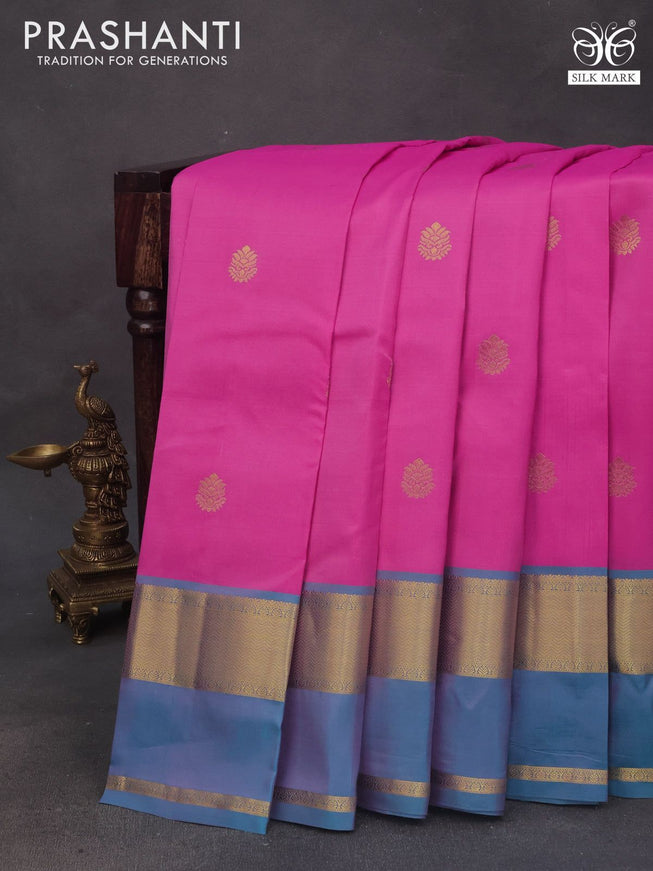 Pure kanchipuram silk saree pink and teal blue with zari woven buttas and rettapet zari woven border