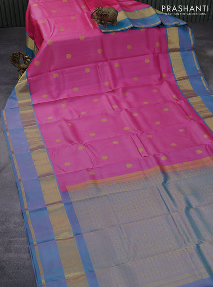 Pure kanchipuram silk saree pink and teal blue with zari woven buttas and rettapet zari woven border