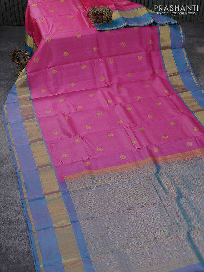 Pure kanchipuram silk saree pink and teal blue with zari woven buttas and rettapet zari woven border