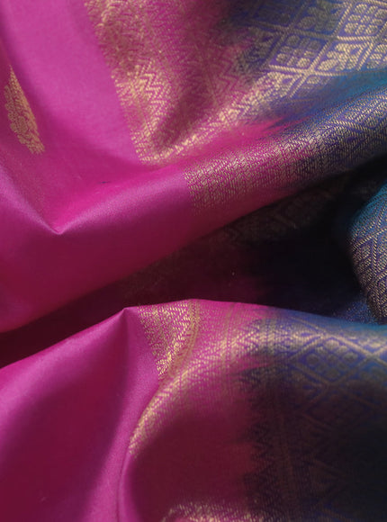 Pure kanchipuram silk saree pink and teal blue with zari woven buttas and rettapet zari woven border