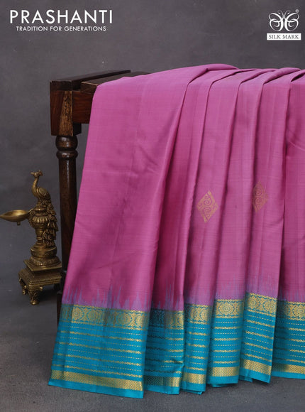 Pure kanchipuram silk saree mild purple and teal blue with zari woven buttas and zari woven border