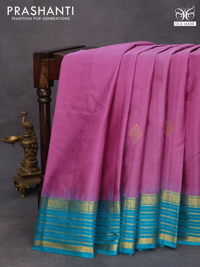 Pure kanchipuram silk saree mild purple and teal blue with zari woven buttas and zari woven border