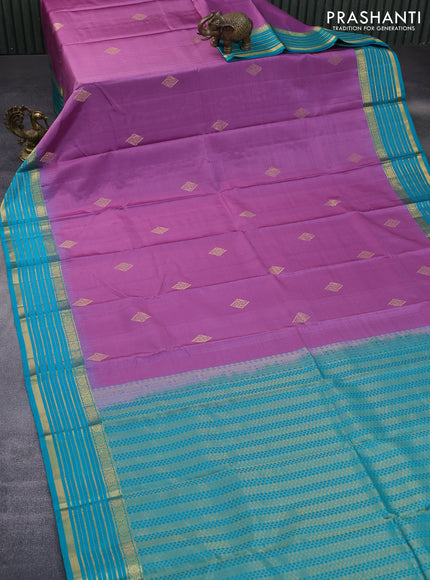 Pure kanchipuram silk saree mild purple and teal blue with zari woven buttas and zari woven border