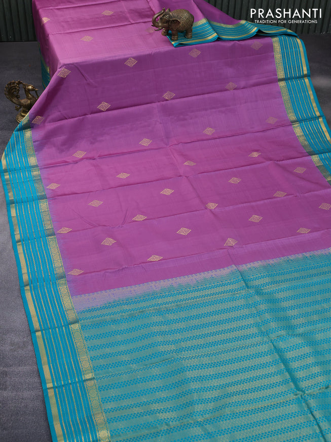 Pure kanchipuram silk saree mild purple and teal blue with zari woven buttas and zari woven border