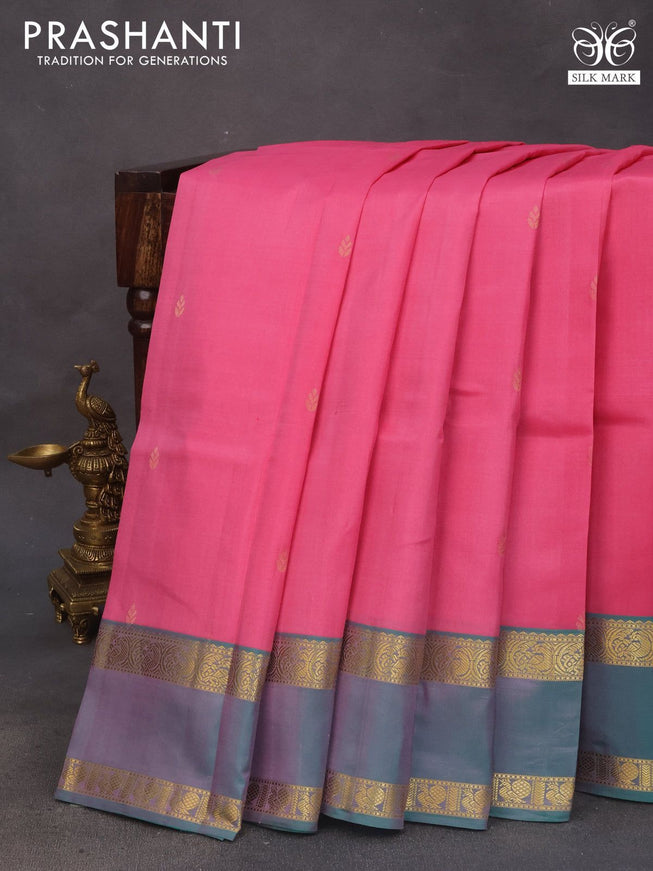 Pure kanchipuram silk saree pink and dual shade of green with zari woven buttas and rettapet zari woven border