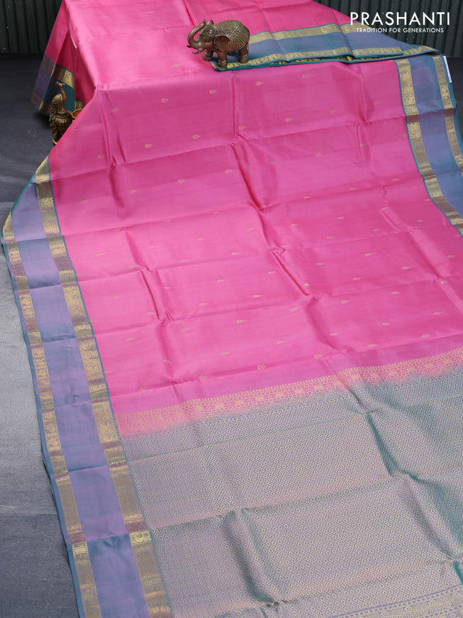 Pure kanchipuram silk saree pink and dual shade of green with zari woven buttas and rettapet zari woven border