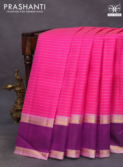 Pure kanchipuram silk saree pink and deep purple with allover stripes pattern and rettapet zari woven border