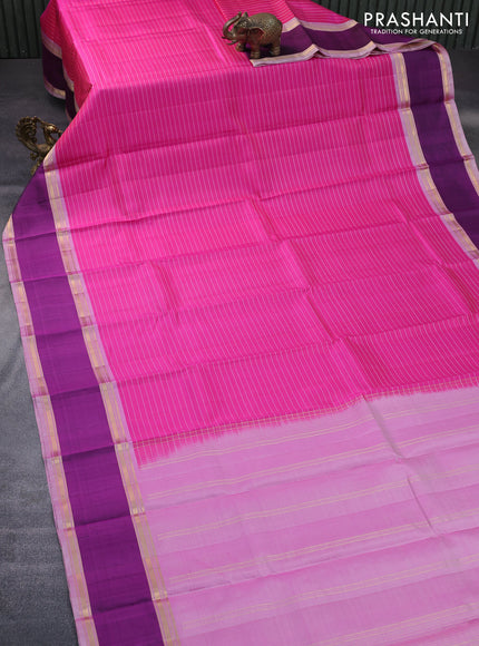 Pure kanchipuram silk saree pink and deep purple with allover stripes pattern and rettapet zari woven border