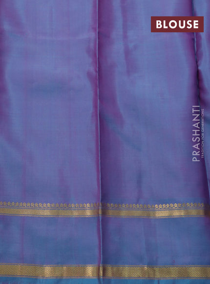 Pure kanchipuram silk saree pink and dual shade of teal blue with allover stripes pattern and rettapet zari woven border