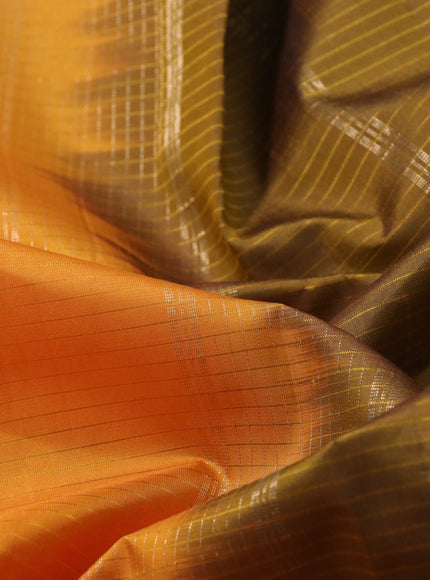 Pure kanchipuram silk saree orange and mehendi green with allover stripes pattern and rettapet zari woven border