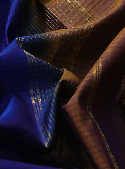 Pure kanchipuram silk saree blue and dark mustard with allover stripes pattern and rettapet zari woven border