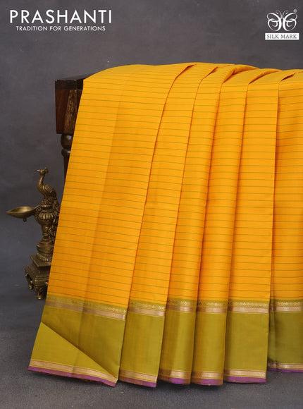 Pure kanchipuram silk saree mango yellow and violet with allover stripes pattern and rettapet zari woven border