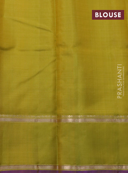 Pure kanchipuram silk saree mango yellow and violet with allover stripes pattern and rettapet zari woven border