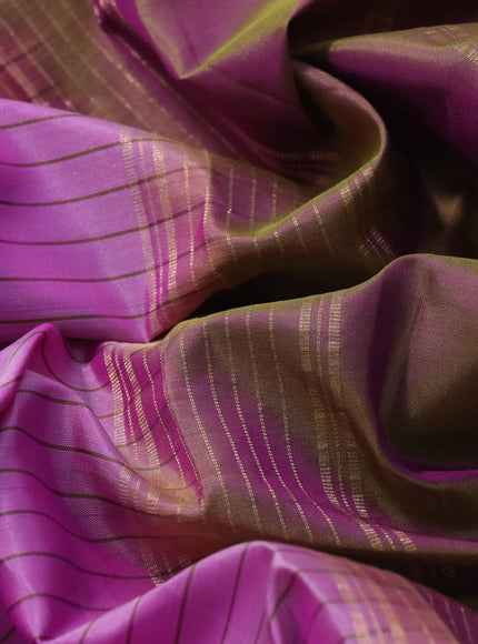 Pure kanchipuram silk saree light pink and violet with allover stripes pattern and rettapet zari woven border