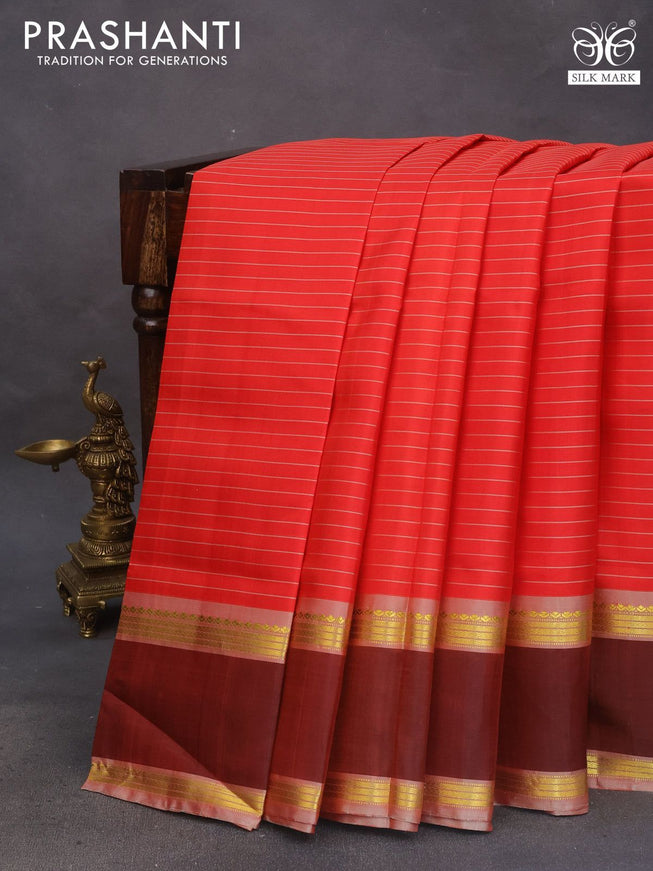 Pure kanchipuram silk saree red and maroon with allover stripes pattern and rettapet zari woven border