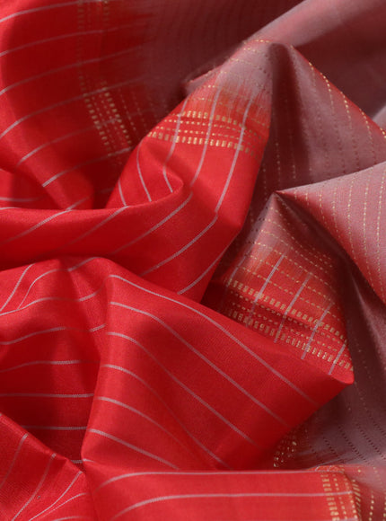 Pure kanchipuram silk saree red and maroon with allover stripes pattern and rettapet zari woven border