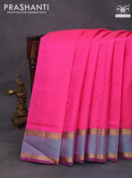 Pure kanchipuram silk saree pink and dark magenta pink with allover stripes pattern and rettapet zari woven border