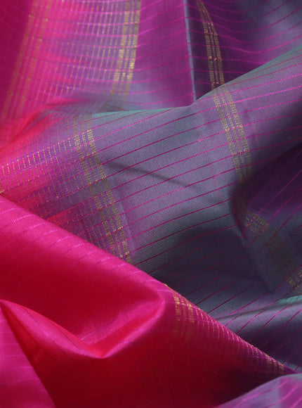 Pure kanchipuram silk saree pink and dark magenta pink with allover stripes pattern and rettapet zari woven border