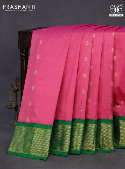 Pure paithani silk saree pink and green with allover zari woven floral buttas and rich zari woven border