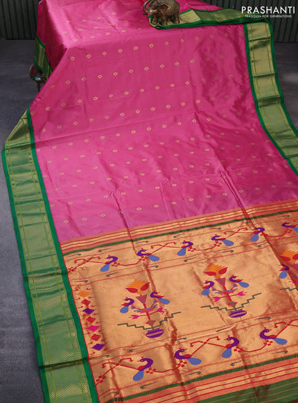 Pure paithani silk saree pink and green with allover zari woven floral buttas and rich zari woven border