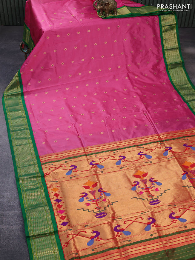 Pure paithani silk saree pink and green with allover zari woven floral buttas and rich zari woven border