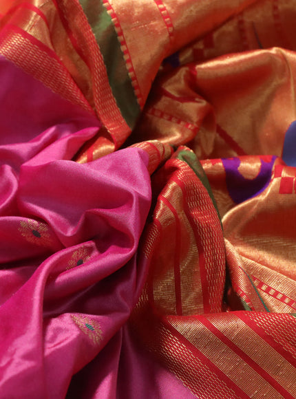 Pure paithani silk saree pink and green with allover zari woven floral buttas and rich zari woven border