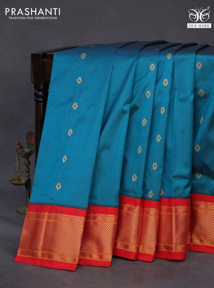 Pure paithani silk saree peacock blue and red with allover zari woven floral buttas and rich zari woven border