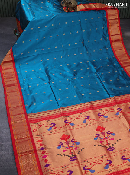 Pure paithani silk saree peacock blue and red with allover zari woven floral buttas and rich zari woven border