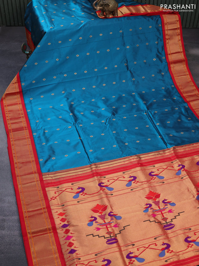 Pure paithani silk saree peacock blue and red with allover zari woven floral buttas and rich zari woven border