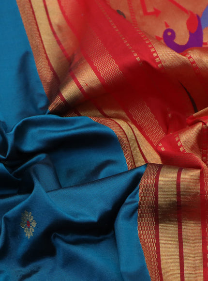 Pure paithani silk saree peacock blue and red with allover zari woven floral buttas and rich zari woven border