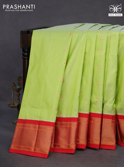 Pure paithani silk saree pista green and red with allover zari woven floral buttas and rich zari woven border