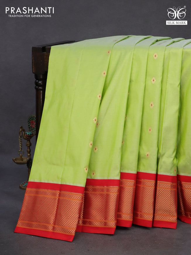 Pure paithani silk saree pista green and red with allover zari woven floral buttas and rich zari woven border