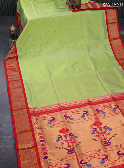 Pure paithani silk saree pista green and red with allover zari woven floral buttas and rich zari woven border