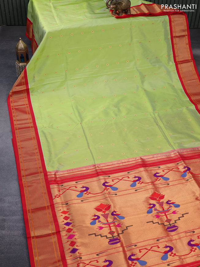 Pure paithani silk saree pista green and red with allover zari woven floral buttas and rich zari woven border